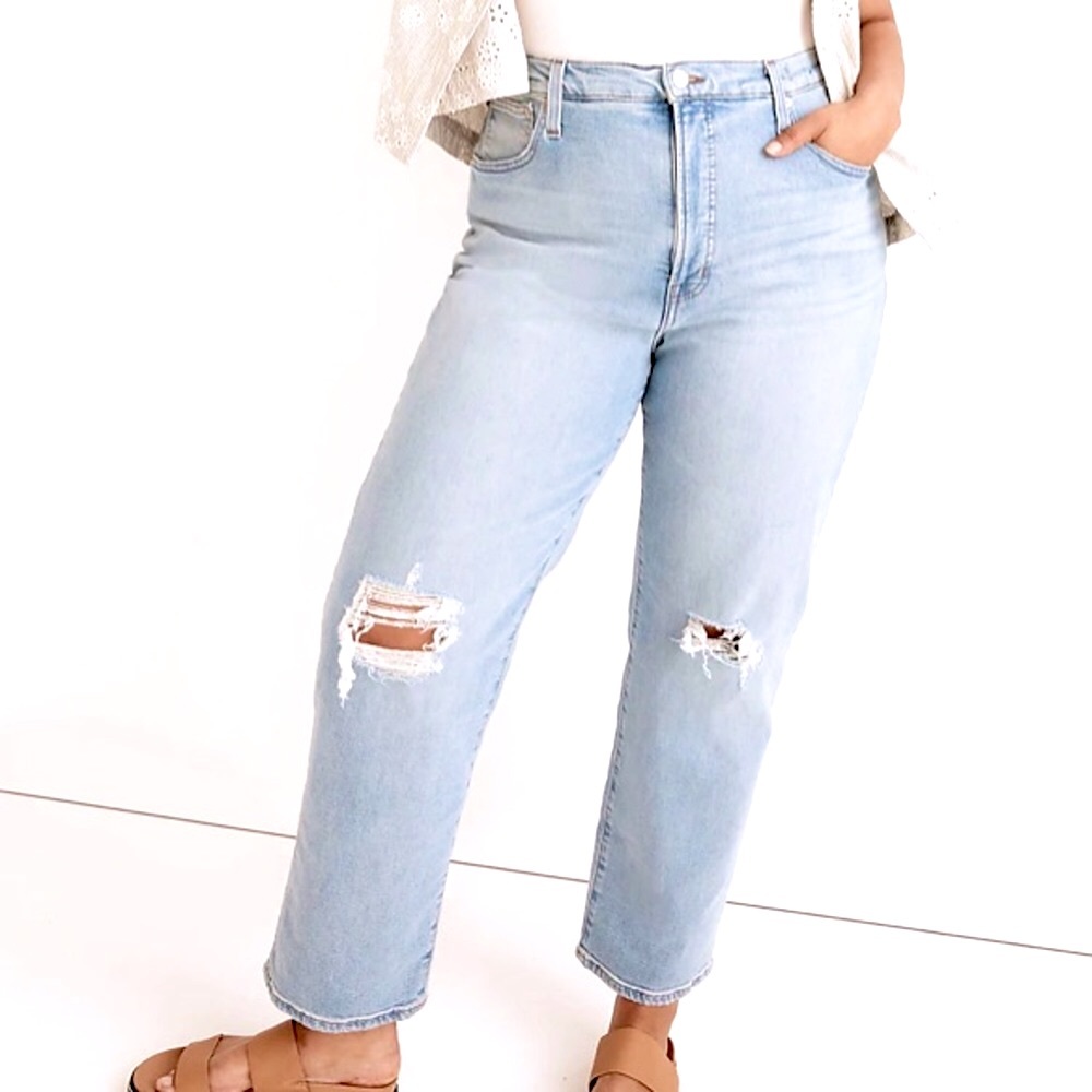 Madewell The Perfect Vintage Straight Jean in Danby Wash: Knee-Rip Edition in 27